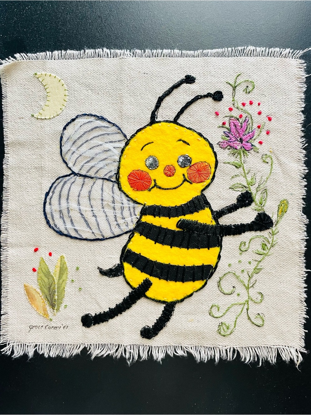 Hand embroidery sampler. Happy Face Bumblebee. Small 8.5”x8.5”. Not framed
